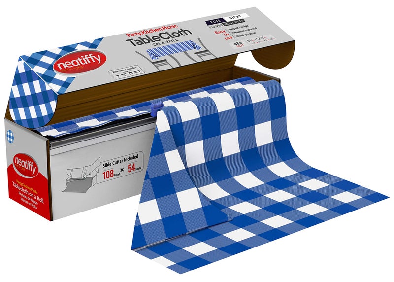 Neatiffy Disposable Plastic Table Cloth Roll | 54 in x 108 Ft Waterproof Tablecloth | Table Cover for Rectangle, Square, Round Oval Tables | Picnic, Party, Banquet, Birthdays, Weddings - Blue Gingham - Image 1